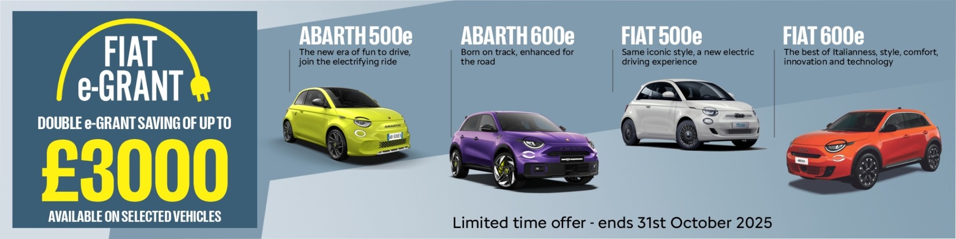 Double e Grant Saving on selected Fiat 500e and 600e until 31st October 2025